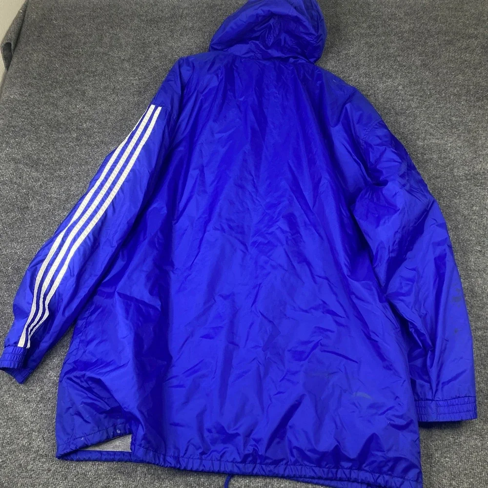 Vintage Adidas Mens XL Blue Hooded Windbreaker Jacket 3 Stripe Jersey Lined